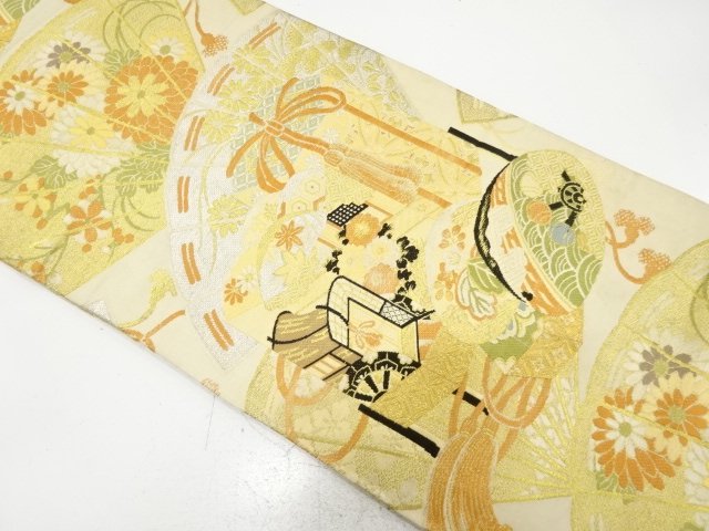 アンティーク　桧扇に貝合わせ・草花模様織り出し丸帯（材料）